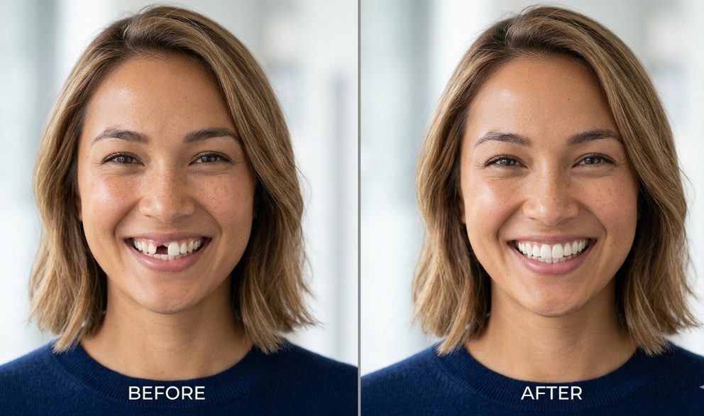 Before and after: missing upper incisor replaced with dental implant and zirconia crown