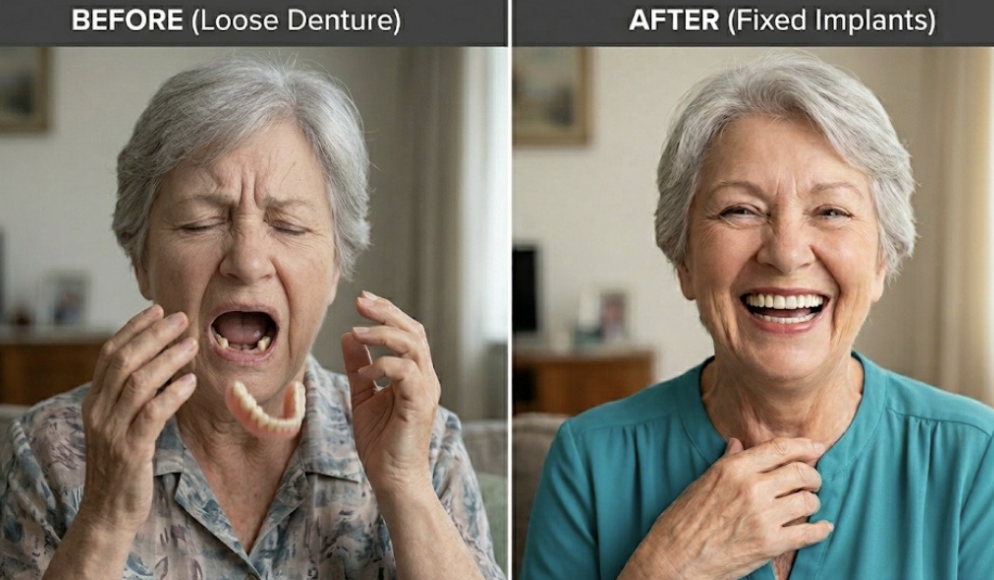 Before and after: loose denture versus fixed implant-supported upper prosthesis